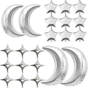54Pcs Star & Moon Foil Balloons Set – 50Pcs Silver Star Balloons + 4Pcs Large Gold/Silver Moon Foil Balloons for Baby Shower, Christmas, Wedding, Birthday Party Decoration