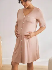 Summer Thin Pregnant Sleep Dress, Pre-Postpartum V Neck Buttoned Mid Sleeve Nightdress, Loose-Fitting Home Wear, One Piece, Summer Maternity Clothes