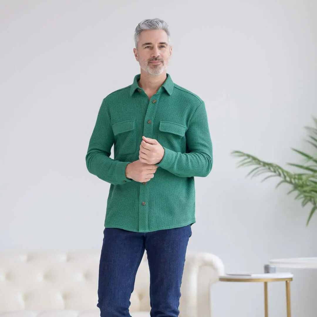 Magnetic Front Waffle Weave Casual Shirt with Dual Oversized Pockets in Green