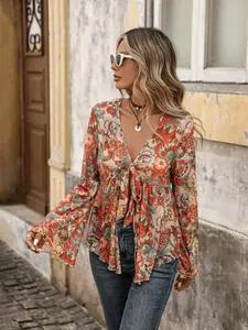 Women's Boho Floral V-Neck Fitted Top, Long Sleeve Bell Sleeve Bow Design, Casual Summer Spring, Perfect for Vacation, Bohemian