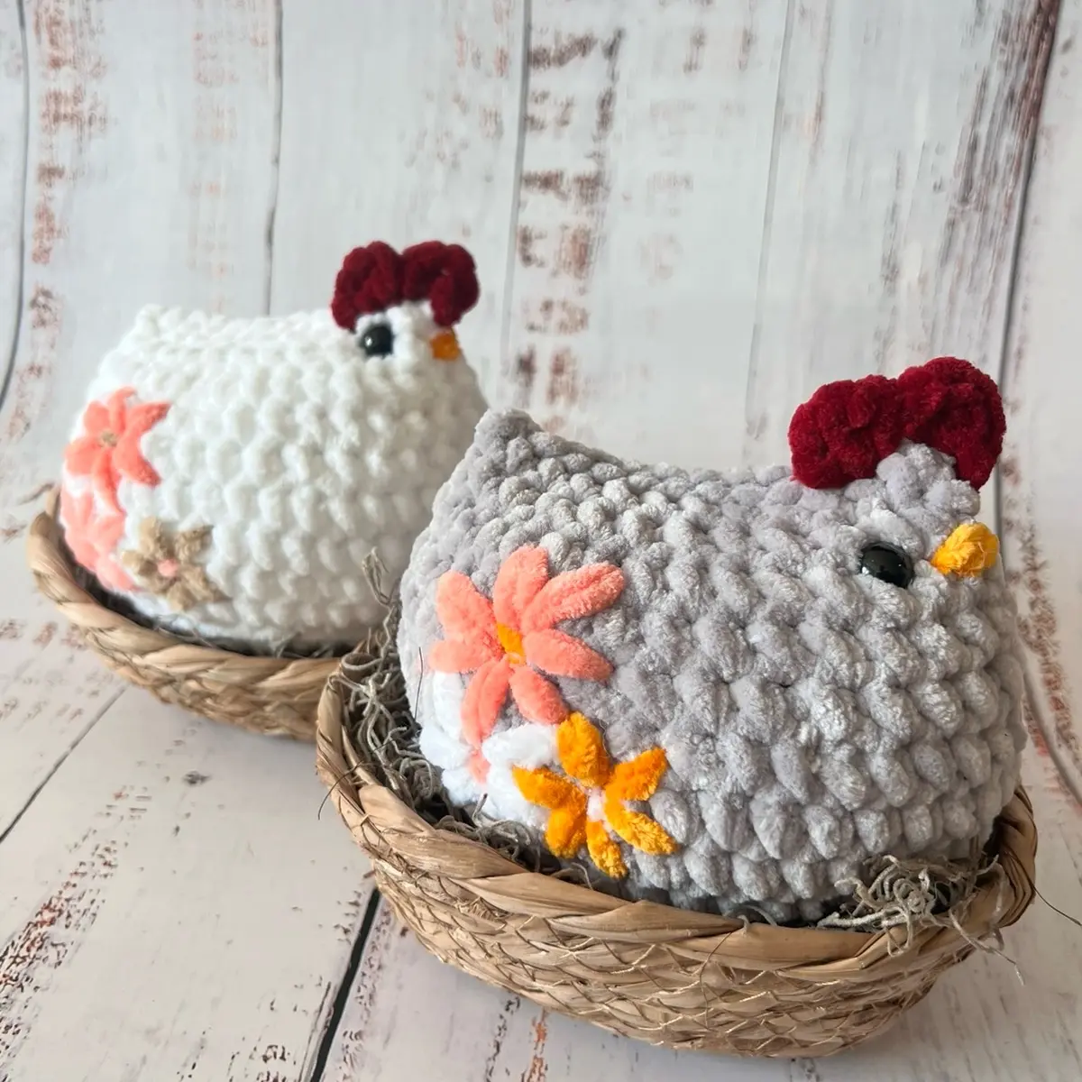 Embroidered Mable Chicken Crochet Handmade Chicken with flowers