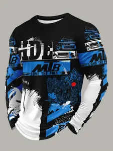 Men's MTB Mountain Bike Riding Shirt, Quick-Dry Breathable Long Sleeve T-Shirt, Trendy Motorcycle Style Print Sport Top, Spring & Fall