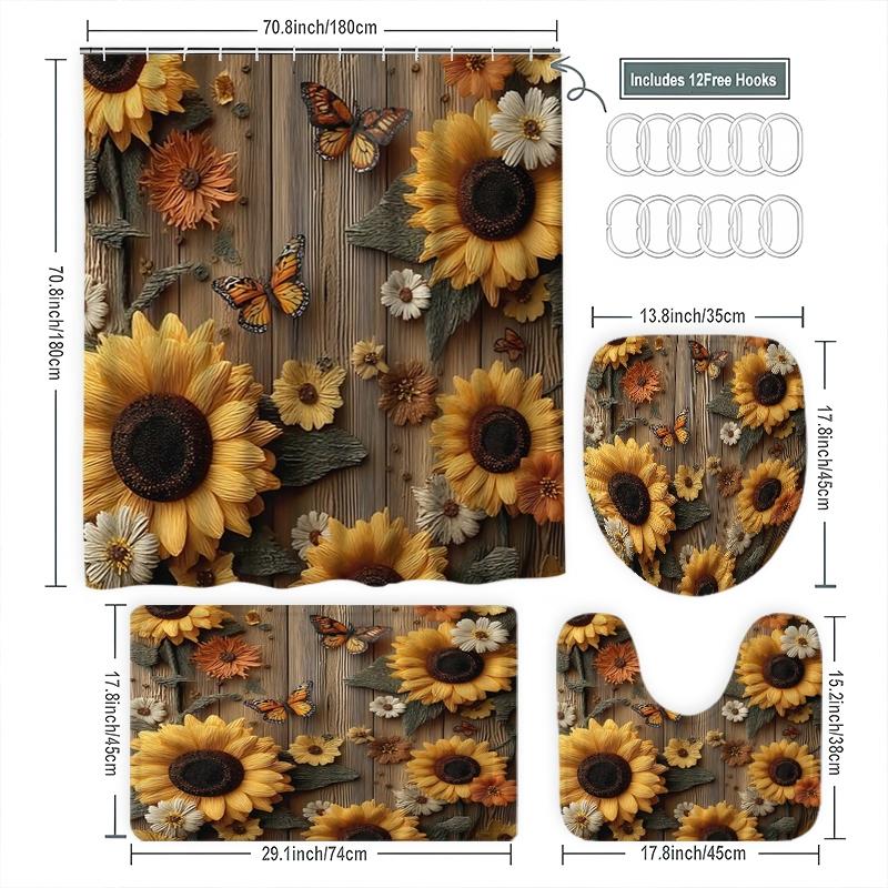 Creative Sunflower & Butterfly Garden Shower Curtain Set, Waterproof Polyester, Includes Hooks, Toilet Lid Cover, Mat, Ideal Gift