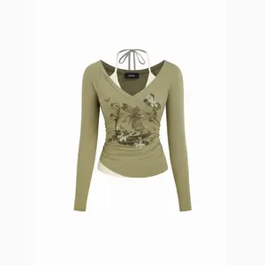 Cider Cotton-blend V-neck Graphic Ruched Long Sleeve Tee