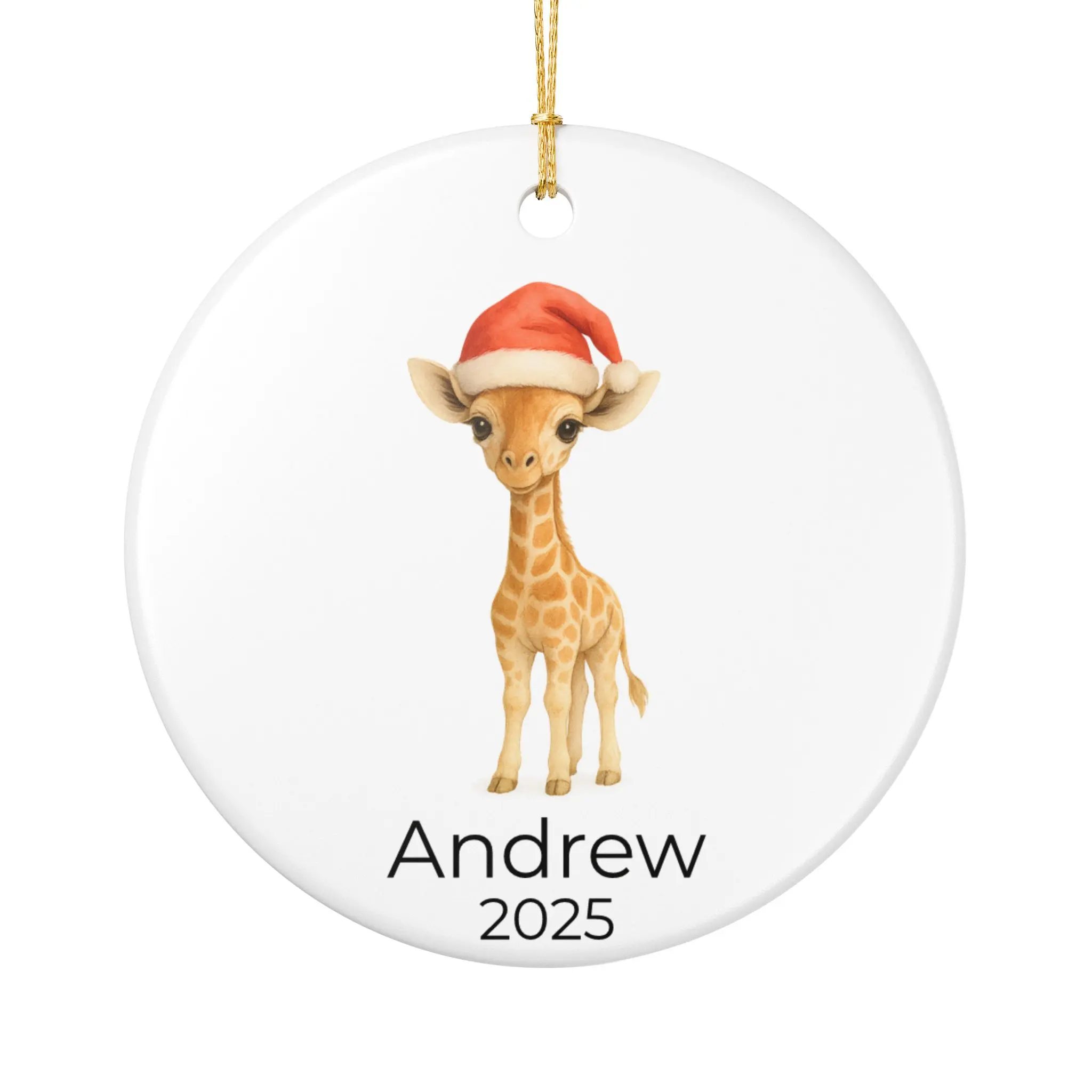 Baby Giraffe Christmas Ornament - Watercolor Jungle Animal with Santa Hat - Safari Nursery Holiday Decor - Gender Neutral Gift
