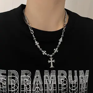 Vintage Stainless Steel Cross Pendant Necklace Retro Cross Pendant Necklace Men's Niche Design High-end Titanium Steel Necklace Sweater Chain