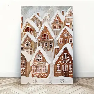 2D Flat Retro Gingerbread House Canvas Print with Frame - 2D Flat Design, Wrapped Canvas, Perfect for Living Room, Bedroom, Bathroom, Kitchen, Office, Cafe Decoration - Ideal Birthday, Mother's Day, New Year, Easter Gift, Gingerbread Decoration, 2D Flat,