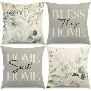 4pcs Spring Pillow Covers Grey Spring Summer Farmhouse Decorations Eucalyptus Leaves Throw Pillow Covers Home Sweet Home Cushion Case for Sofa Couch Home Textile