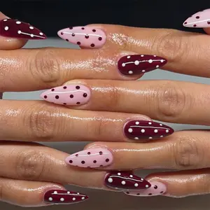 24pcs Short Almond Polka Dot False Nails, Removable Nail Tips, Half Handmade Design, Includes Nail File and Jelly Glue, Handmade Reusable Nails