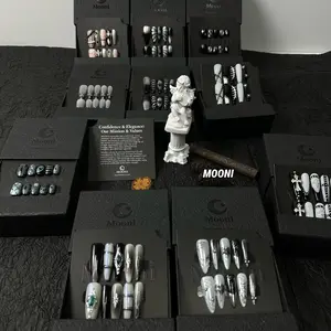 <MOONI Dark & Y2K Collection> Set, Handmade 3D Press-On Nails, Customized,  Luxury, Reusable, Long-Lasting, Salon-Quality, trendy，Coffin Design，Almond Design. Comes with nail art tools, daily wear, party wear, liveroom