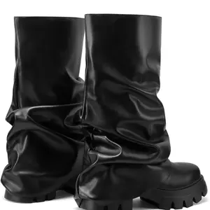 Women's Fold Over Boots Slouchy Boots Wide Calf Pleated Platform Boots Glitter Metallic Silver Boots Chunky Stacked Boots Mid Calf Boots botas