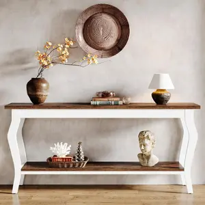212 MAIN Vintage French Large Behind-Couch Console Table (TB-RY0106) - 70.9 in. Wood&Metal, Brown Grain & White Finish, Steel Legs, Dual Shelves, Dualshelves