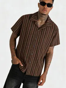 Men's Stretch Knit Jacquard Striped Short Sleeve Shirt, Casual Fitted Button Down with Classic Collar for Summer Wear, Tropical All over Print Design, Button Down Shirts