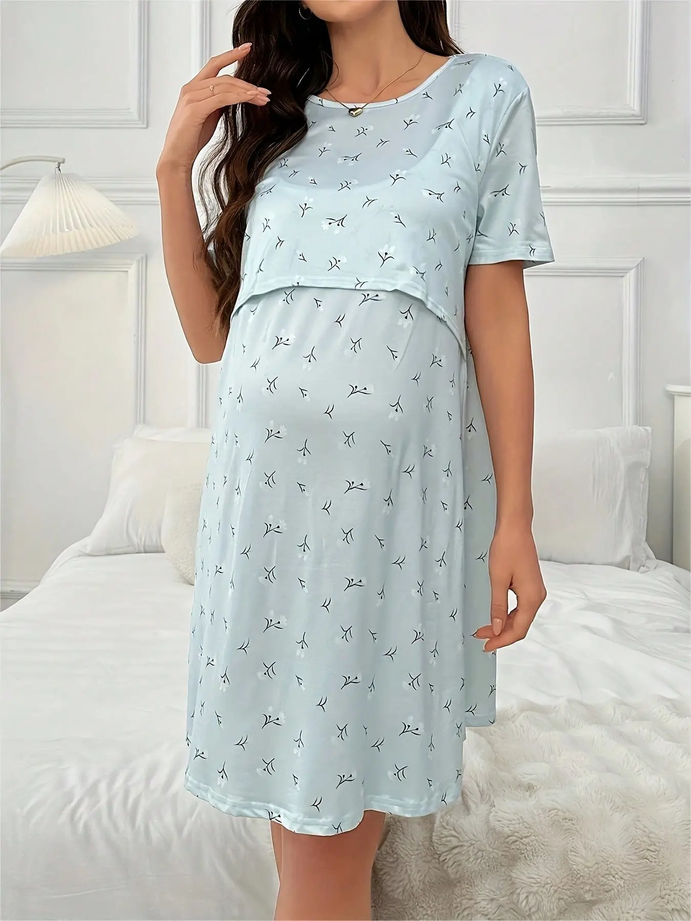 Spring & Fall Maternity Sleepwear, New Small Floral Print Nightgown, Casual Comfortable Home Wear, Outer Wearing Available, Maternity Dresses, Maternity Clothes, Maternity Apparel