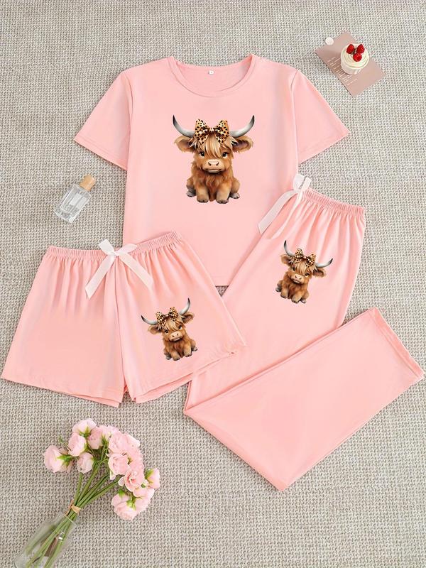 Cartoon Highland Cow Print Women's Pajama Sets, Casual All Seasons Nightwear, Fitted Knitted Fabric Sleepwear
