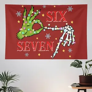 1pc Large 60"x40" Christmas Lights 6 & 7 Numbers Meme Tapestry Vintage Horizontal Wall Hanging for Xmas Party Backdrop Cute Room Decor Birthday & Holiday Decoration Easy-to-Hang Festive No-Electricity Light Beige Fabric