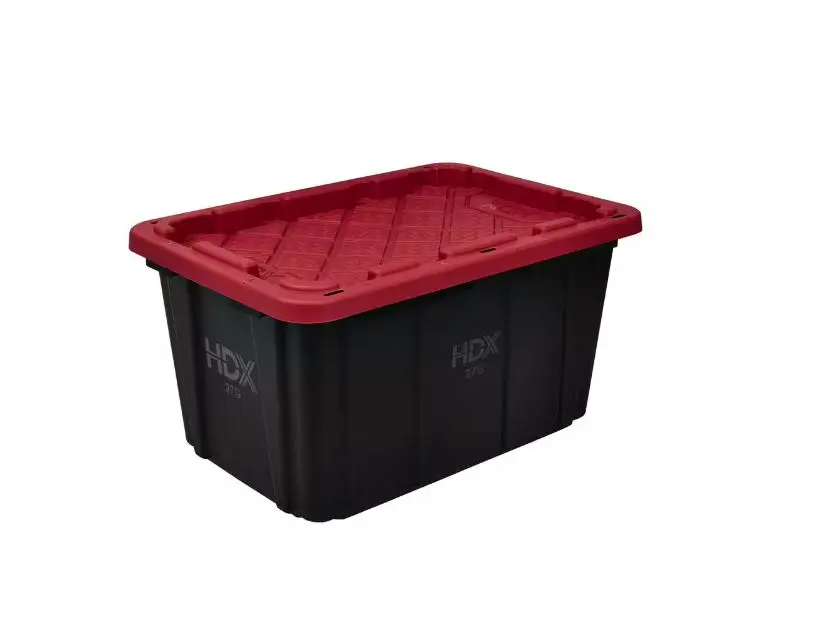 27 Gallon Large Storage Bin with Snap Lid, Black and Red, Heavy Duty Plastic Storage Container