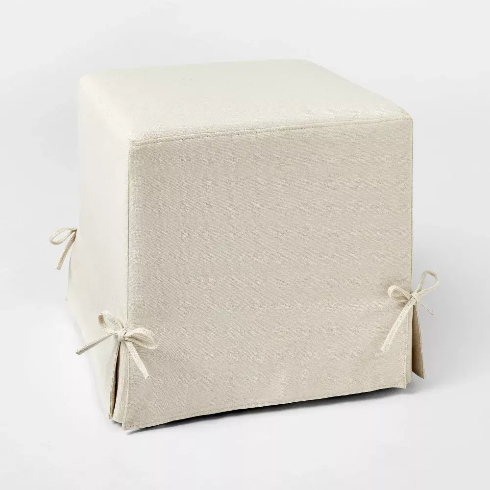 Lynwood Slipcover Cube Ottoman with Tie Details Cream - Threshold designed w/Studio McGee