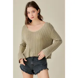 Mustard Seed V-Neck Washed Crop Sweater