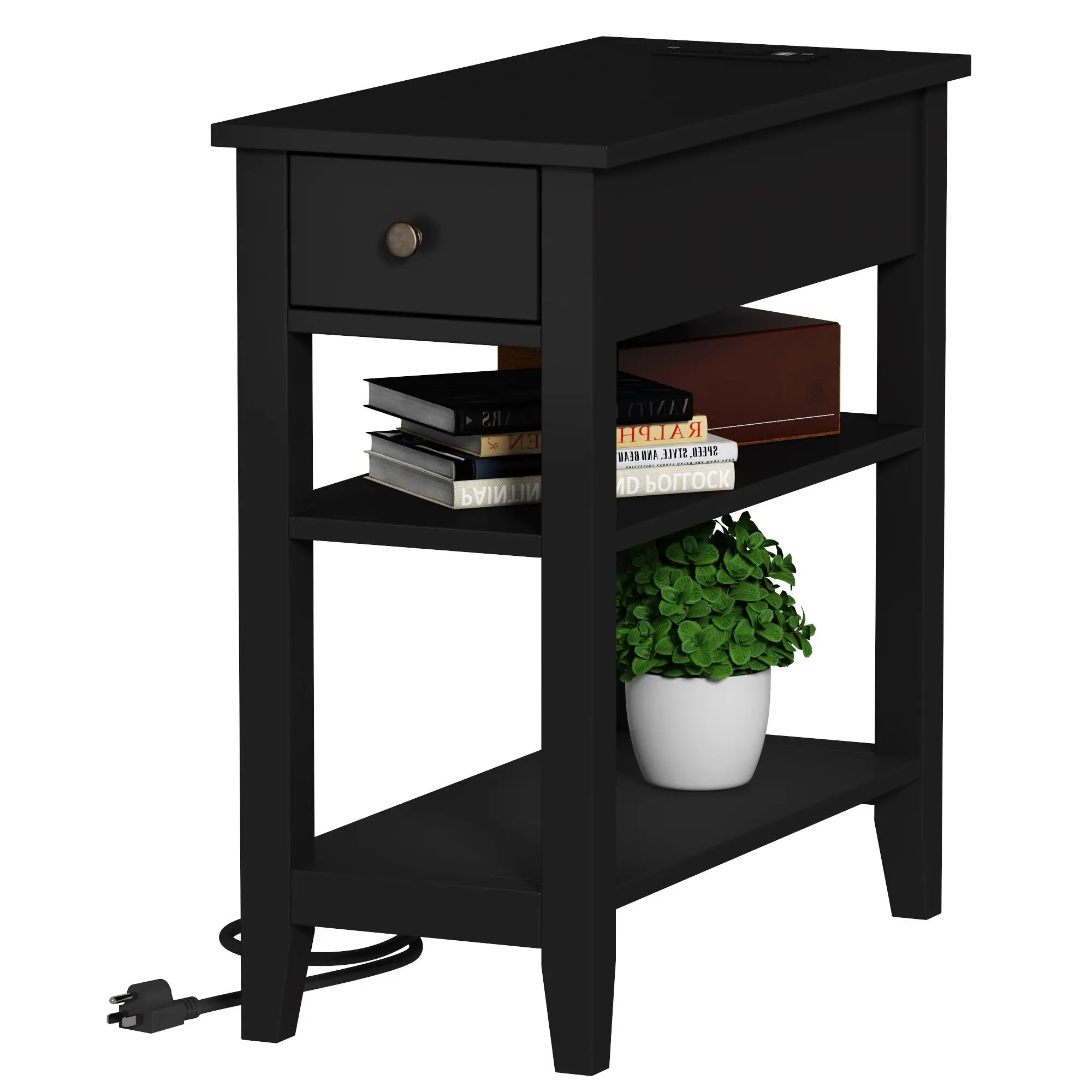 Narrow End Table with Charging Station, Side Table Living Room with USB Ports & Power Outlets and Hidden Drawer, 3-Tier Skinny Nightstand with 2 Open