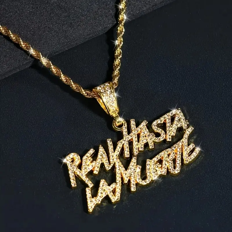 14K Gold-Plated Iced-Out “REAL HASTA LA MUERTE” Letter Pendant Necklace, Fashionable Necklace for Men and Women, Perfect for Everyday Wear and as a Gift for Any Occasion