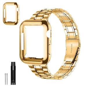 Personality Gold Stainless Steel Strap with Protective Case, 1 Count Men's Fashion iWatch Series Strap, Wearable Accessories for Apple Watch, Smart Watch Straps