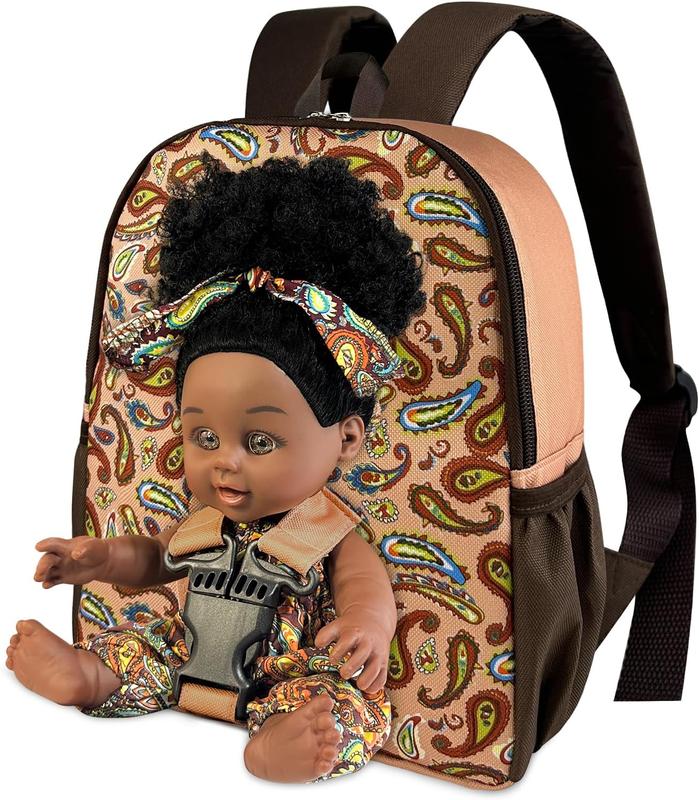 Nice2you Black Baby Doll with Backpack Carrier, 10in American African Doll for Girls Toddlers Aged 2+, Backpack for Baby Doll Accessories Storage, Perfect for 1 2 3 4 5 6 Years Old Kids