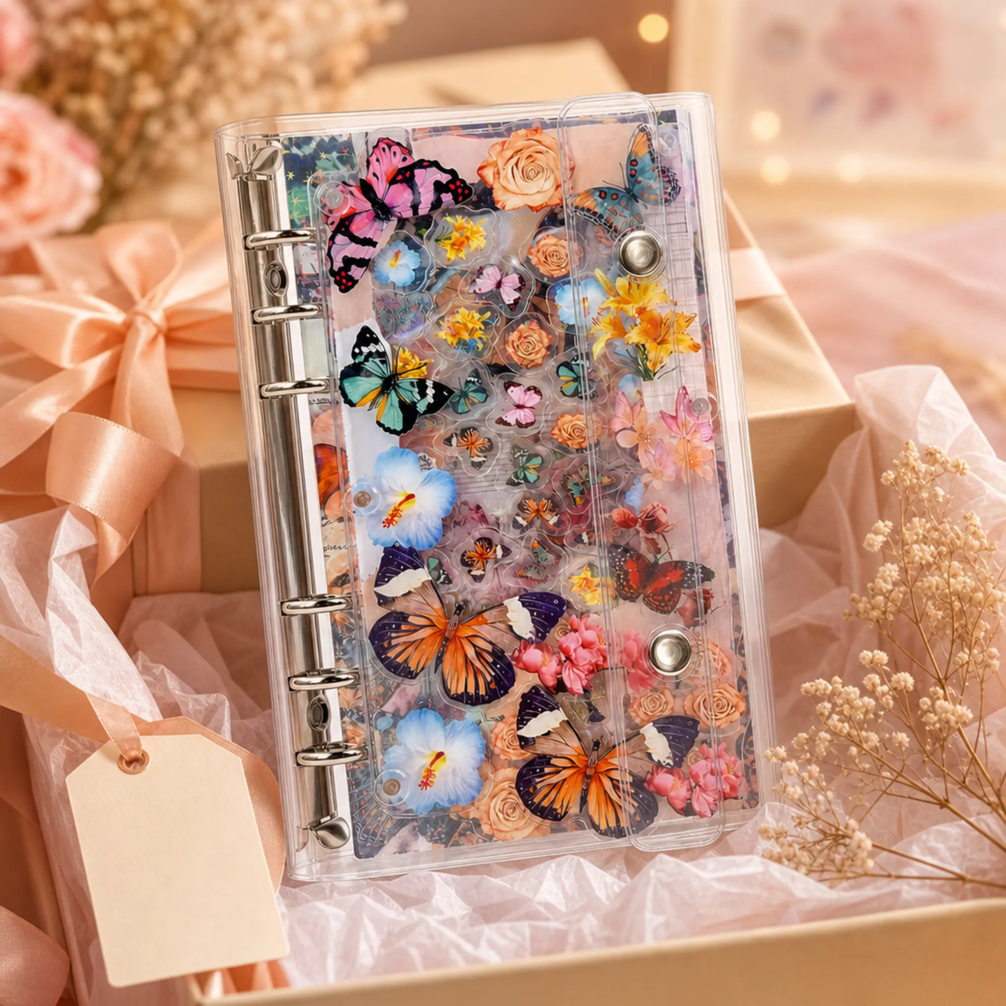 A6 Vintage Butterfly Theme 6-Ring Binding Journal with Acrylic Panels, Transparent Cover, Refill Pages, Shaker Effect - Cute Floral Mini Loose Leaf Notebook for Students, Office Stationery Supplies (A6 Inserts Compatible)