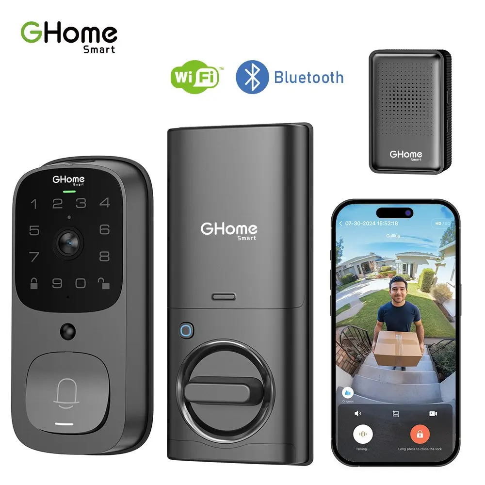 GHome Smart Video Smart Lock 3 in 1 Set with Doorbell Camera, Fingerprint WiFi Keyless Entry Lock, 2K HD&Ultra Wide Angle Security