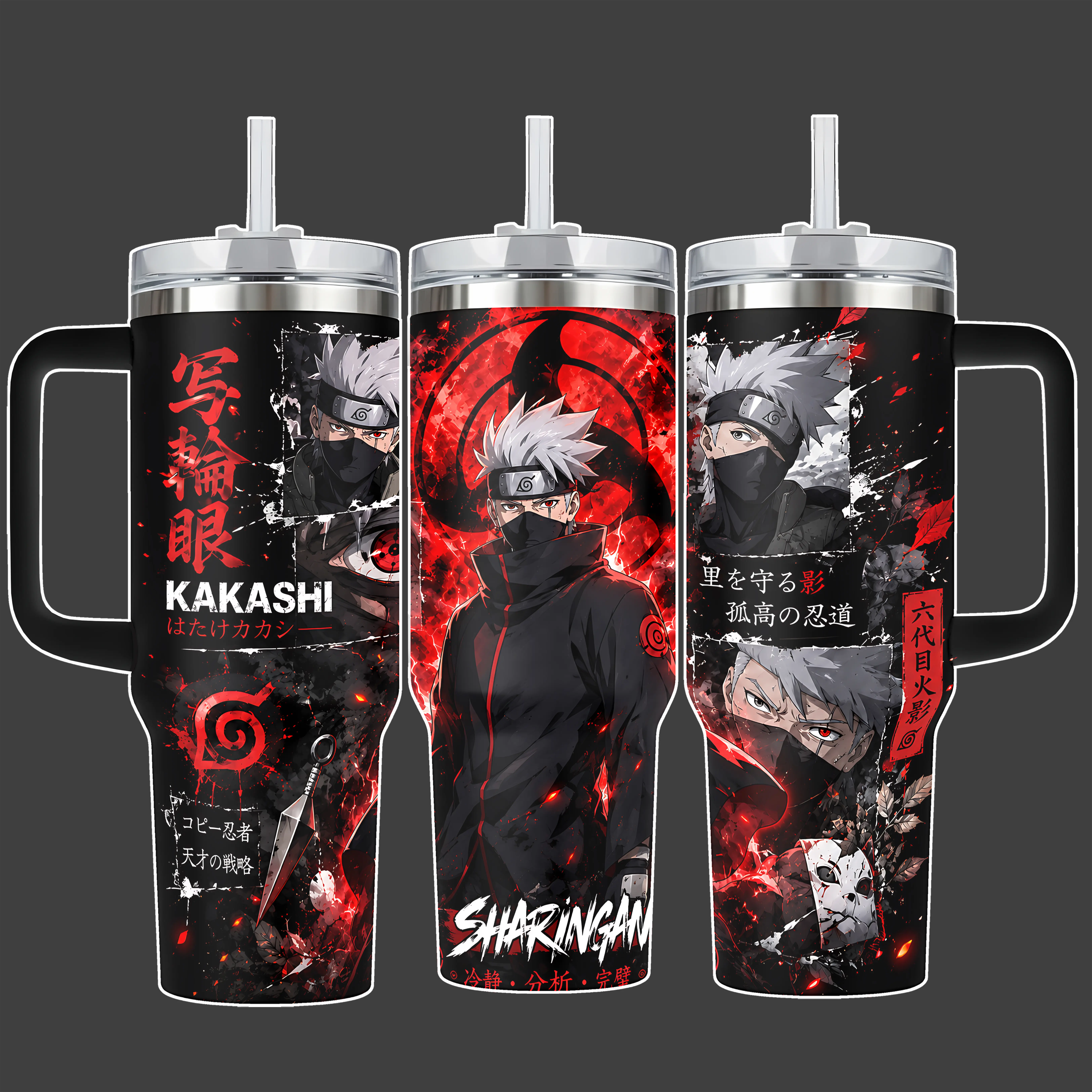 Kakashi Copy Ninja Anime NRT Tumbler Cup, Red Black Full Wrap Stainless Steel Insulated 20oz/40oz