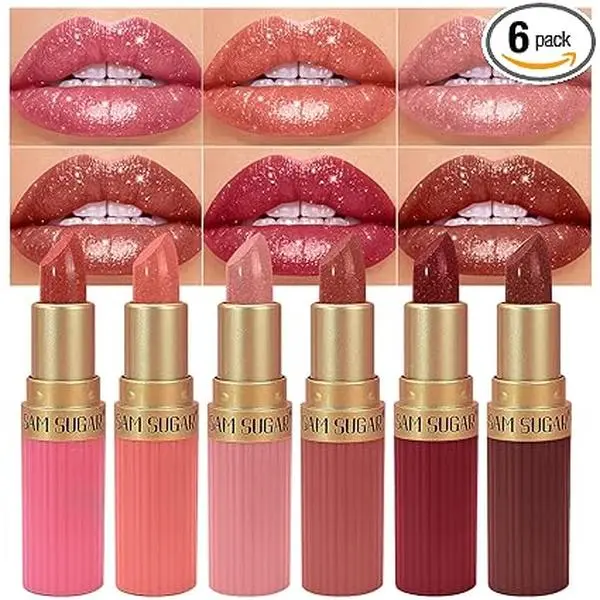 6Pcs Glitter Lipstick Set, Red Rose Nude Pink Brown Glitter Shimmer Shine Lipstick Sets for Women Waterproof Long Lasting 24 Hours Lip Stick Mother's Day Makeup Gift Sets for Women