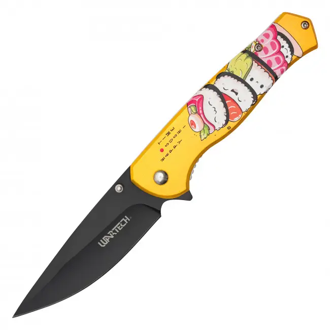 8" Folding Pocket Knife – 3.5" Black 3Cr13 Steel Blade, Colorful Sushi Friends Aluminum Handle, Hiking, Outdoor Use & Collection