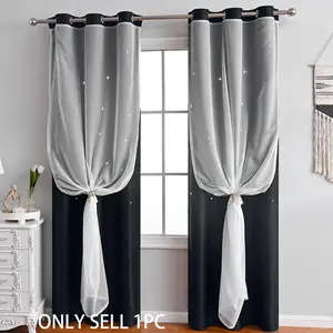 French Romantic Two-Layer Hollow Star Light Blocking Curtain, Fashion Trendy Hole Drapery for Living Room, Room Decor Curtain, 1pc Finished Window Covering