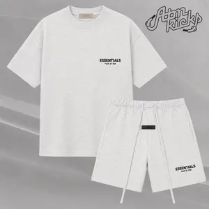 (Tee and Shorts) Fear of God Essentials T-shirt & Shorts Set Stretch Light Oatmeal OVER SIZE Casual Wear Comfortable Fit Simple Design Versatile Everyday Wear Menswear Tops Crewneck ShortSleeve Light