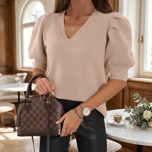 Women's Puff Short Sleeve Sweater Tops - 2026 Spring Summer Trendy Casual T-Shirts Blouses for Daily Wear Fashion Style Comfortable Breathable Lightweight Fabric Perfect for Shopping Leisure Outfits