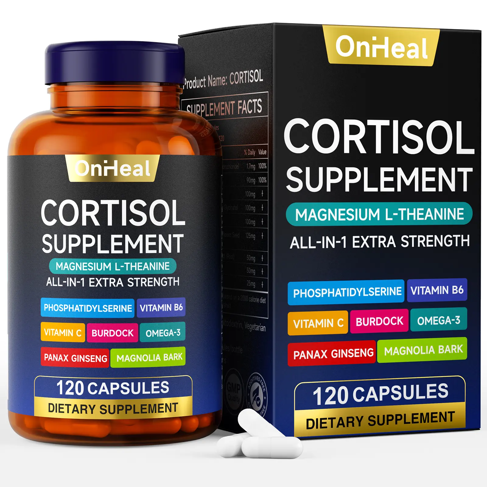 OnHeal Cortisol Dietary Capsules - Metabolic Health Supplement, Hormonal Balance Support, Stress Reliever, Antioxidant, Vitamin C, Glycine Magnesium, Aspalathus Linariifolius, L-Theanine, Ashwagandha - 120 Capsules for Adults