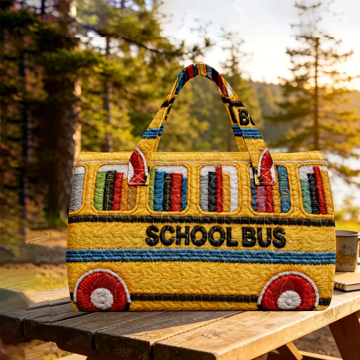 1pc School Bus Book Mobile Library Pattern Quilted Boston Handbag, Fun Educational Artistic Style, Suitable for Women Who Love Reading and Creative Design, Large Capacity for Overnight Short Trips, Halloween, Thanksgiving, Christmas Gift