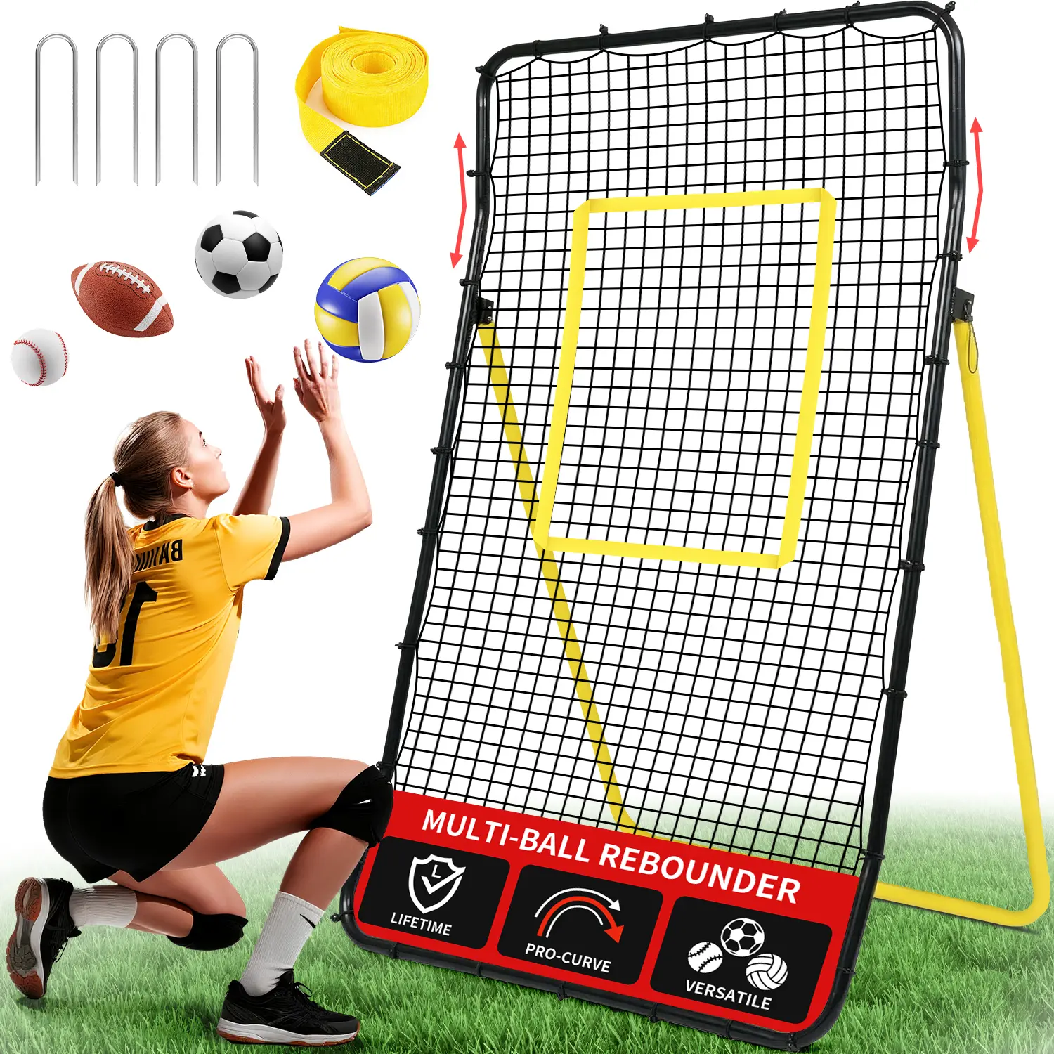 【Summer Wins】BAGAIL Volleyball Rebounder Net 7x4 Ft, Bounce Back Training Equipment with Unique Curved Frame for Better Catching, 5 Adjustable Angles for Volleying & Spiking, Easy Set Up & Sturdy Base