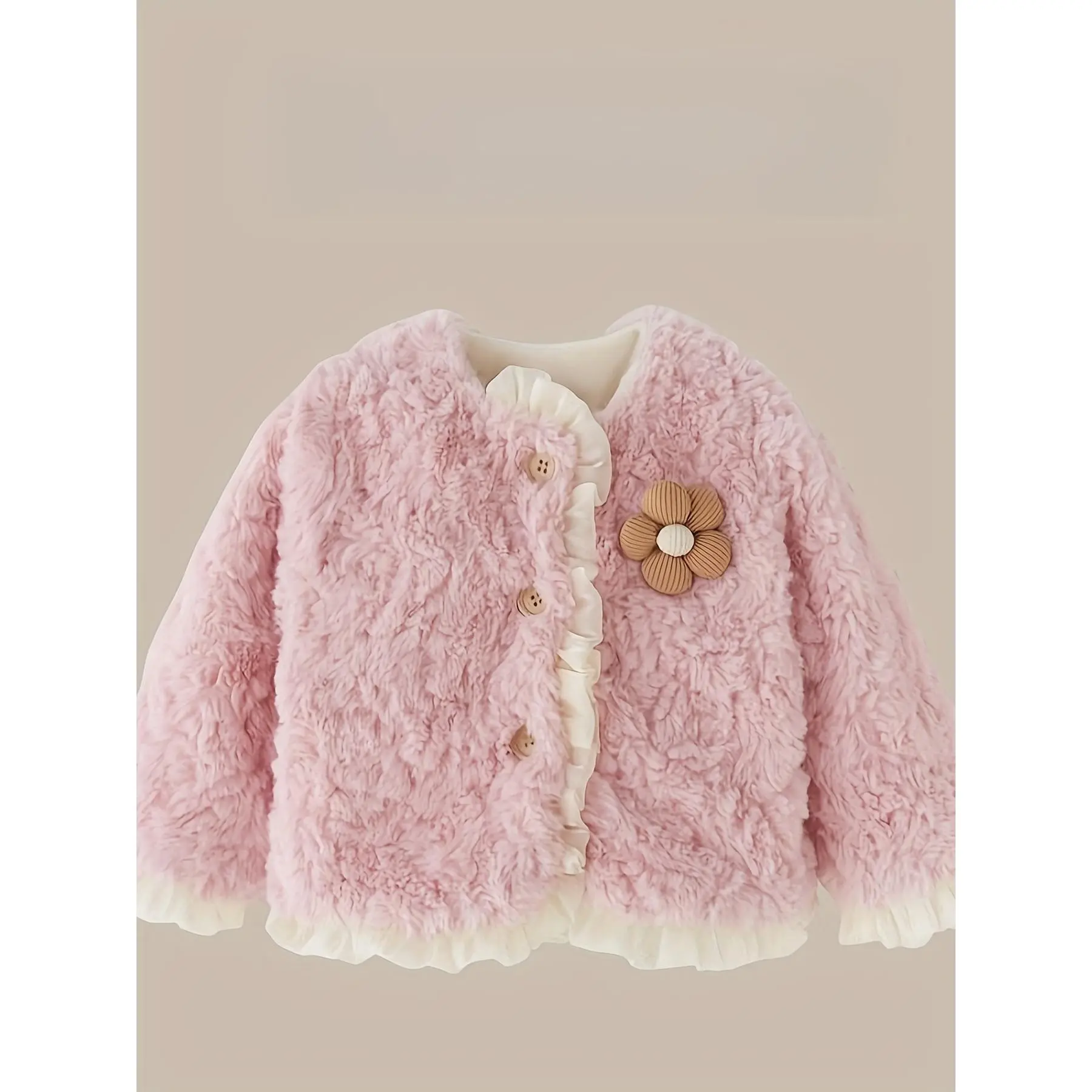 Baby Girl's Casual Plush Knit Coat - V Neck, Lace Trim, Floral Buttons, Fall/Winter Outerwear for 0-3 Years, Hand Wash Only, Do Not Dry Clean