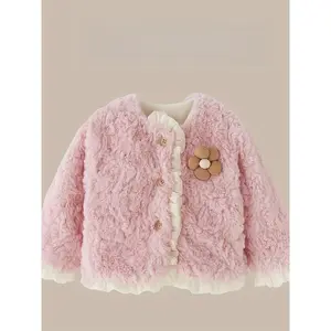 NewUltra-Soft V-Neck Lace Trimmed Baby Girl'S Jacket - Pink Furry Winter Coat with Floral Buttons, Regular Fit Casual Outerwear for Fall/Winter, Baby Girl Coat, Sweet Style Clothing, Plush Texture Apparel