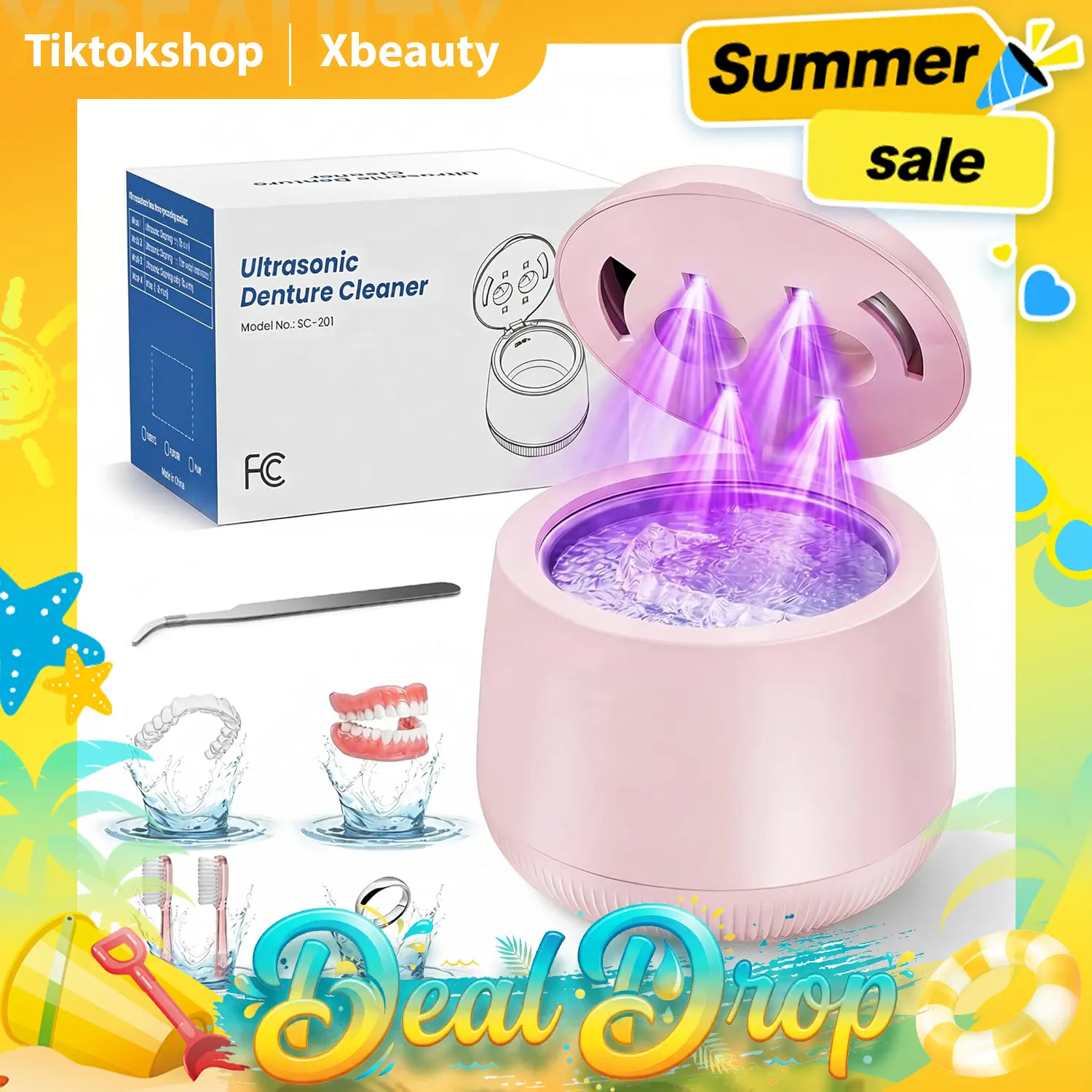 Ultrasonic Denture Cleaner, 48kHz Deep Cleaning Machine with 4 Timed Modes, 200mL Digital Display for Retainers, Mouth Guards, Braces, Aligners, Toothbrushes, Jewelry, Pink