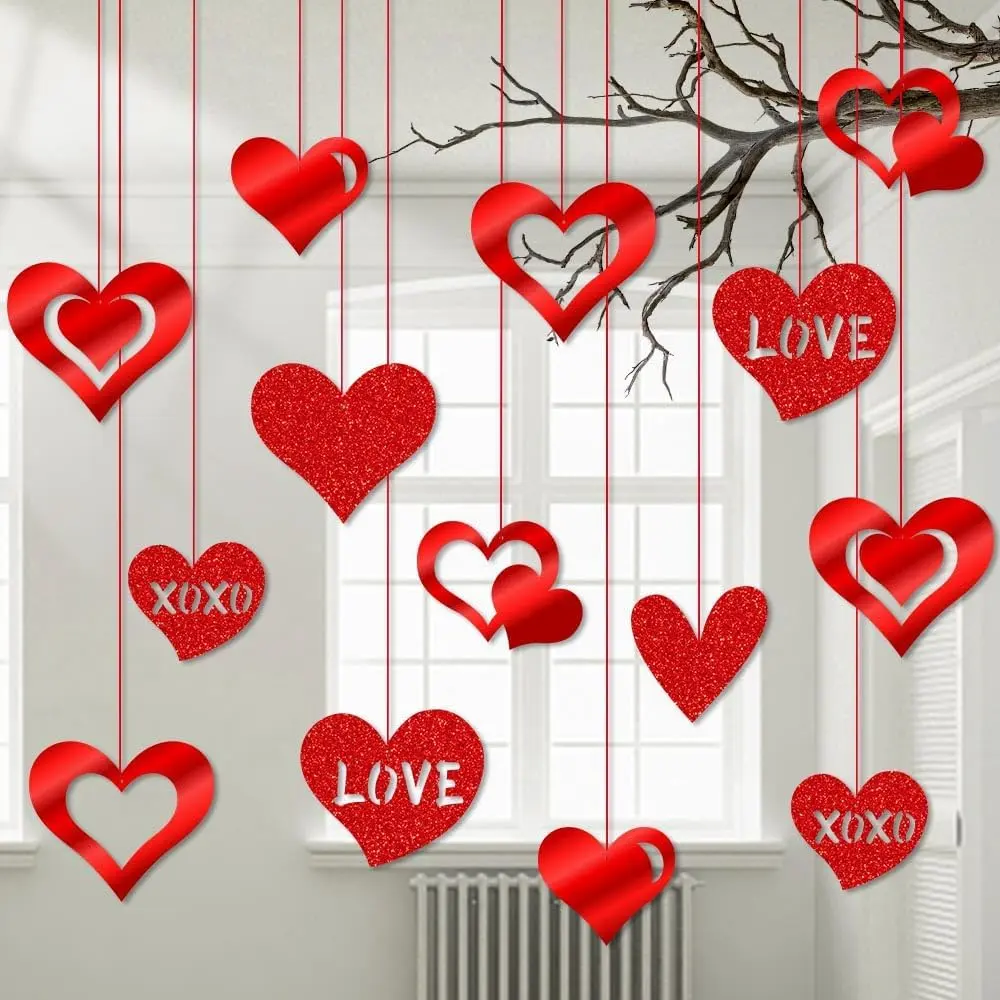 16 Pack Valentines Day Hanging Decorations-Valentine Heart Decor, Glitter Valentine's Day Love Hanging Ornaments with Red Ribbons for Valentines Party