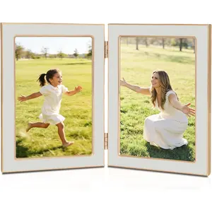 4x6 Double Picture Frame with White Enamel Finish, Gold Edge Metal Hinged Photo Frames, Real Glass Front Velvet Back, Display for Wall and Tabletop, Ideal for Wedding Couple Family Photos