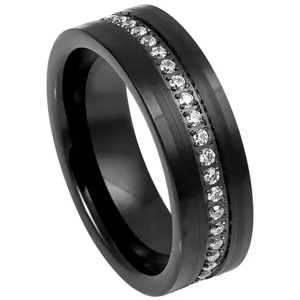 Black Tungsten Matte Brush Center Black CZ Eternity Wedding Ring, Mens Tungsten Engagement Ring, Wedding Ring, 8mm Tungsten Carbide Ring