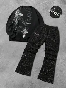 Men's American-style long-sleeved shirt and trousers two-piece set, men's waffle knit cross pattern sweatshirt, spring and autumn fitted street style pullover sweatshirt and men's rhinestone drawstring waist loose wide-leg sweatpants street trend pants