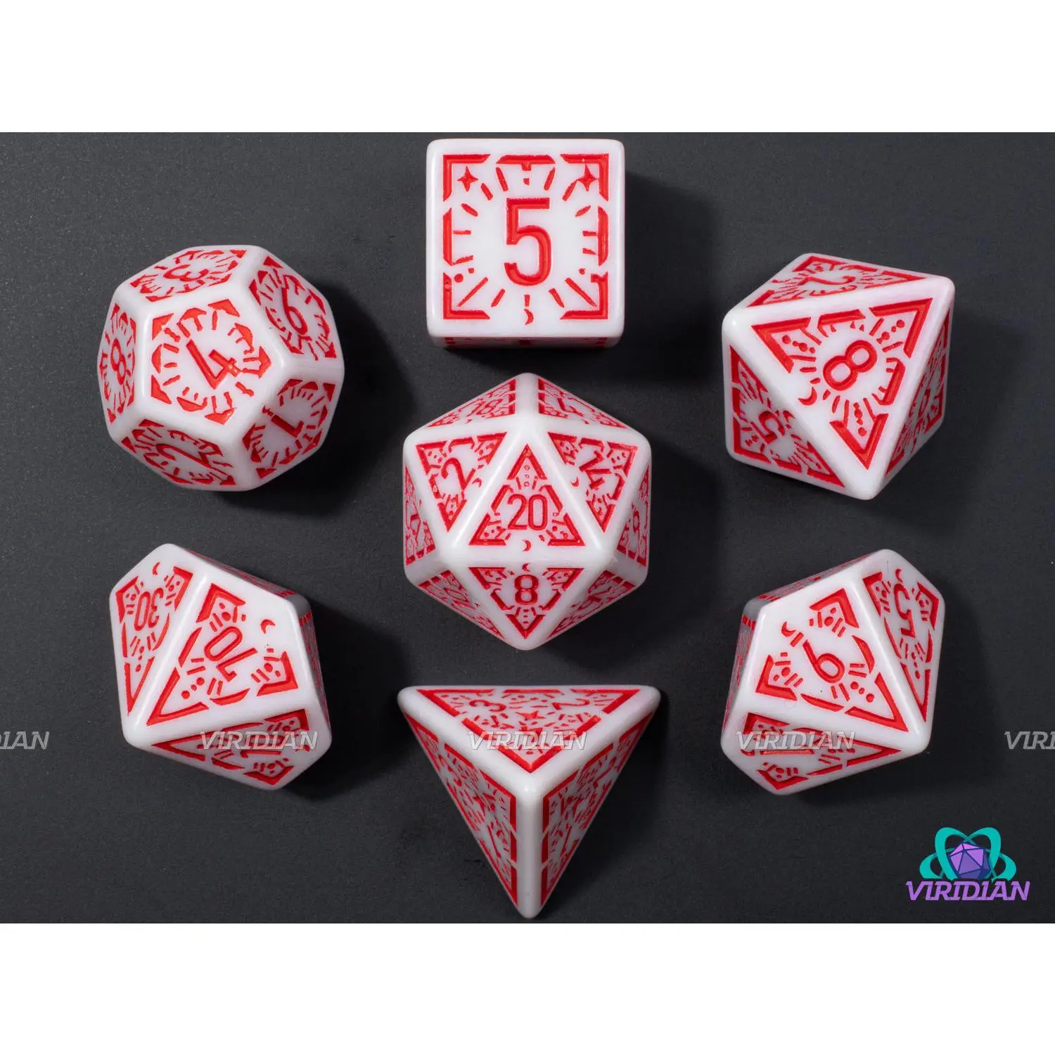 Red Dawn Stars | White and Red Ornate Star Design | Acrylic Dice Set (7)