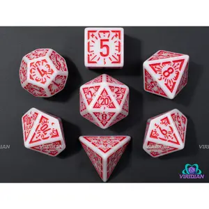 Red Dawn Stars | White and Red Ornate Star Design | Acrylic Dice Set (7)