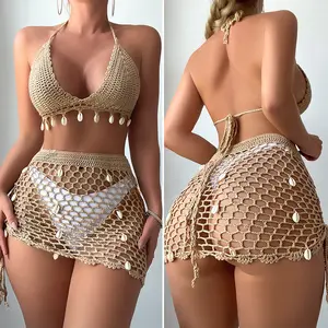 Crochet Bikini Set with Shell Detail Halter Lace Up Hollow Out for Sexy Beach Vacation