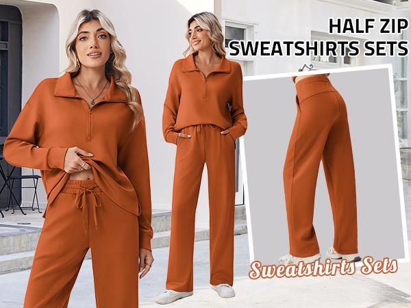 PINSPARK 2 Piece Sets for Women 1/2 Zip Sweatsuit Loose Fit Sweatshirt Straight Leg Pants 2025 Matching Outfit Fall Tracksuit tiktokshopbacktoschool,back to school,back to school haul