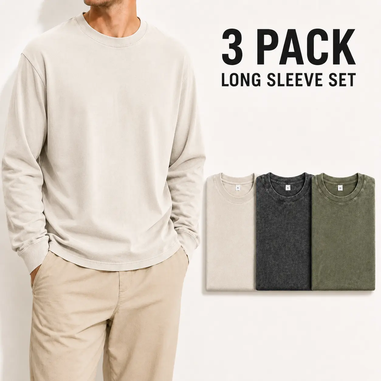Unisex 3-Pack 100% Cotton Oversize Cut Plain Long Sleeve Crew Neck Tees, Vintage Washed Relaxed Fit Casual Streetwear Tops, Soft Breathable Everyday Basic Shirts for Men